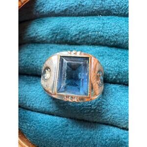 Karatclad 18KT HGE Ring Size 9.75 Blue Glass Stone Silver Gold Vintage Jewelry